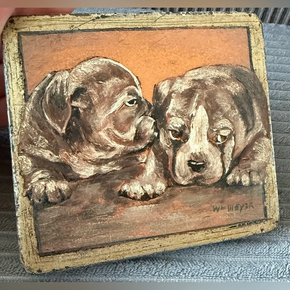 Antique Handpainted Signed Meyer Dog Cat Tin Boxes Jewelry Trinket Lot Of 4